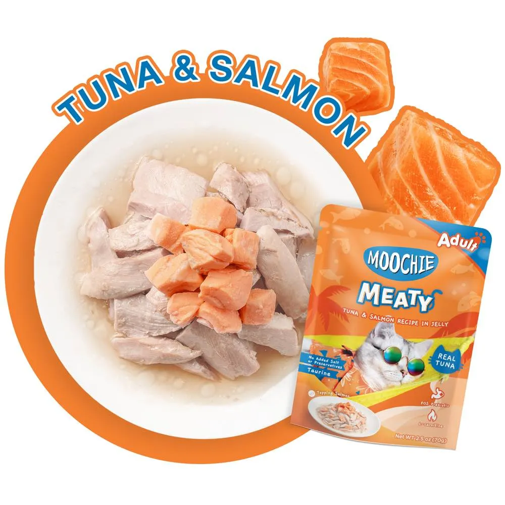 24% OFF: Moochie Meaty Tuna & Salmon Recipe In Jelly Adult Pouch Cat Food 70g x 12