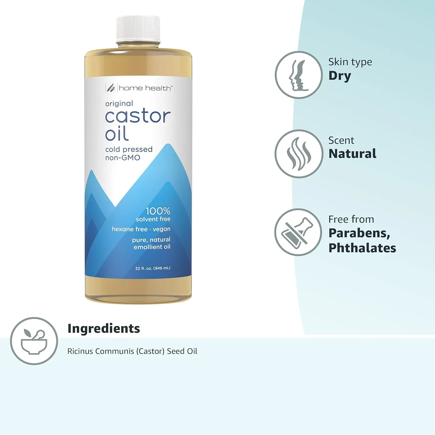 Castor Oil for Healthy Hair &amp; Skin - 32 fl oz - Nourishing and Moisturizing - Pure, Cold-Pressed, Non-GMO - Vegan Formula with No Hexane, Solvents, or Parabens