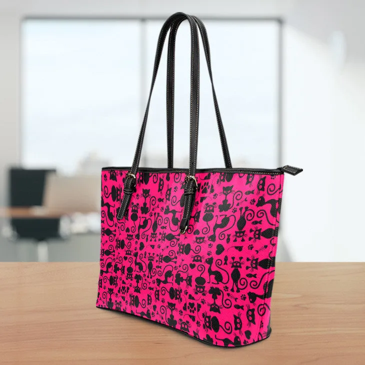 Cats Pink Small Leather Tote Bag