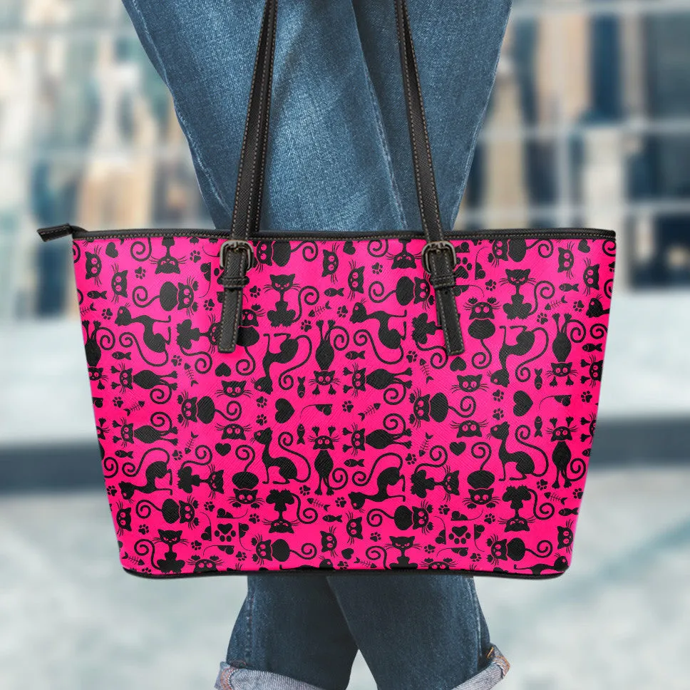 Cats Pink Small Leather Tote Bag