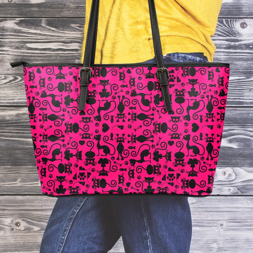 Cats Pink Small Leather Tote Bag
