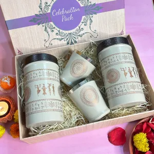 Festive Gift Box | Indian Themed Container Set with Glasses | Beige | Stainless Steel | Set of 4