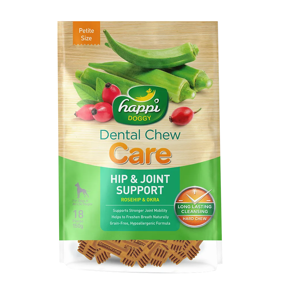 Happi Doggy Dental Chew Care Hard Chew Hip & Joint Support Rosehip & Okra Petite 150g