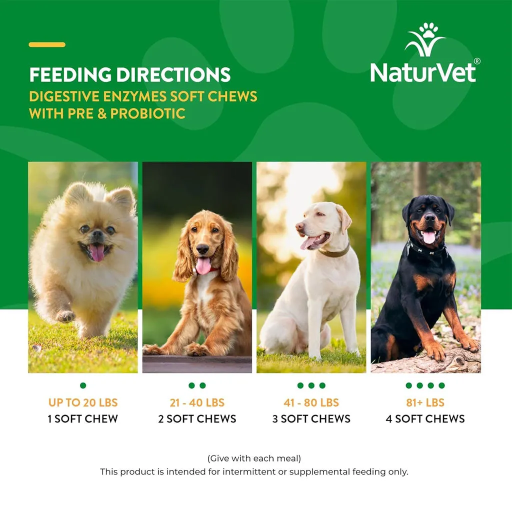 NaturVet Digestive Enzymes Soft Chews Daily Digestive Support Plus Pre & Probiotic for Dogs, 120 count
