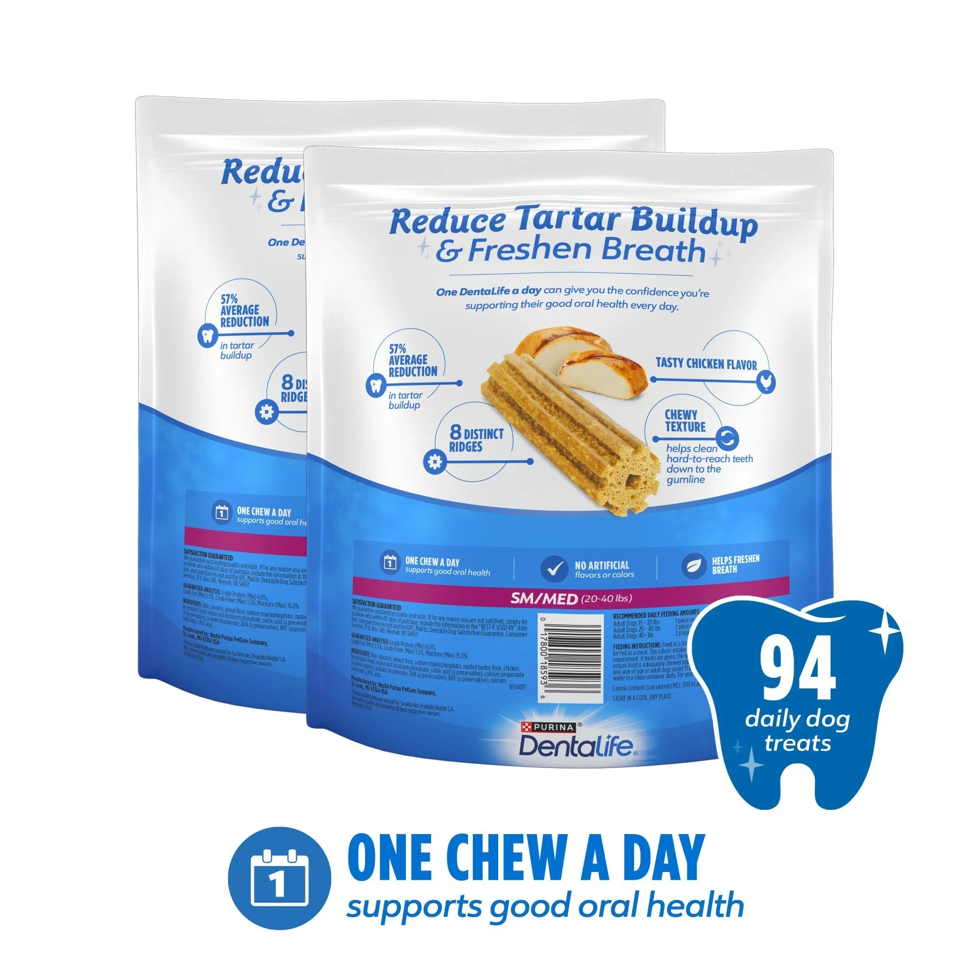 Purina Dentalife Daily Oral Care Chicken Flavor Small/Medium Breed Dog Dental Chews – 2 x 35.7 oz Packs - (94 chews)