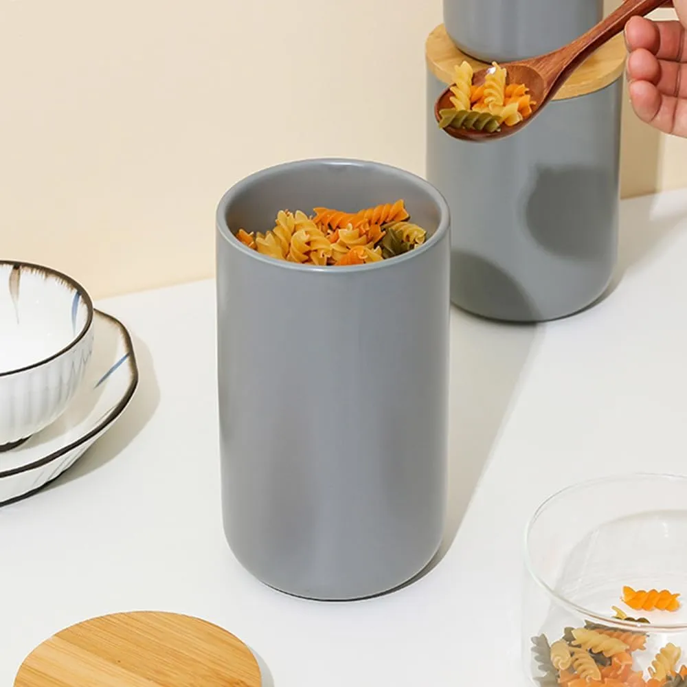 Urbane Home Ceramic Jar | Food Storage Jar | Kitchen Storage Jar | Round Jar for Home | Sugar Storage Jar | Airtight Bamboo Lid | YX07-L-GY | 1000 ML | Gray
